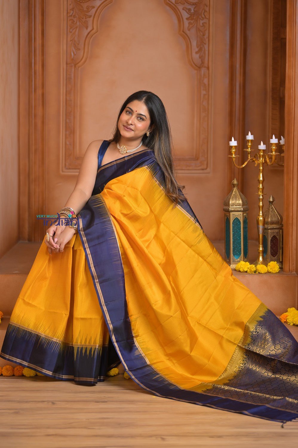 Shubh Lakshmi ~ Handloom High Quality Pure Soft Silk Saree in Yellow and Blue (Silk Mark Certified) - verymuchindian.com