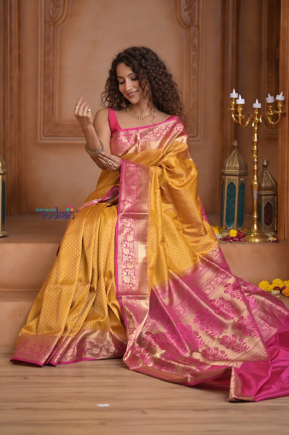 Shubh Lakshmi ~ Handloom High Quality Pure Soft Silk Saree in Yellow and Pink (Silk Mark Certified) - verymuchindian.com