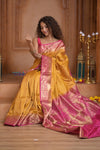 Shubh Lakshmi ~ Handloom High Quality Pure Soft Silk Saree in Yellow and Pink (Silk Mark Certified) - verymuchindian.com