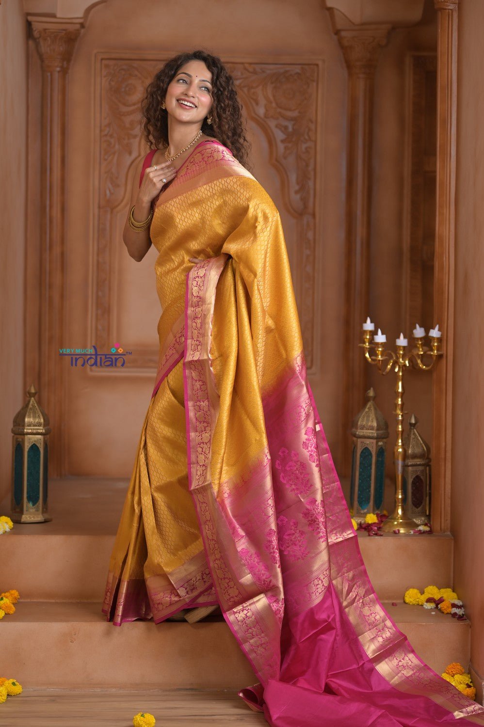 Shubh Lakshmi ~ Handloom High Quality Pure Soft Silk Saree in Yellow and Pink (Silk Mark Certified) - verymuchindian.com
