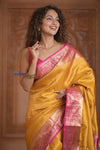 Shubh Lakshmi ~ Handloom High Quality Pure Soft Silk Saree in Yellow and Pink (Silk Mark Certified) - verymuchindian.com
