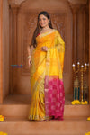 Shubh Lakshmi ~ Handloom High Quality Pure Soft Silk Saree in Yellow and Pink (Silk Mark Certified) - verymuchindian.com