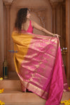 Shubh Lakshmi ~ Handloom High Quality Pure Soft Silk Saree in Yellow and Pink (Silk Mark Certified) - verymuchindian.com