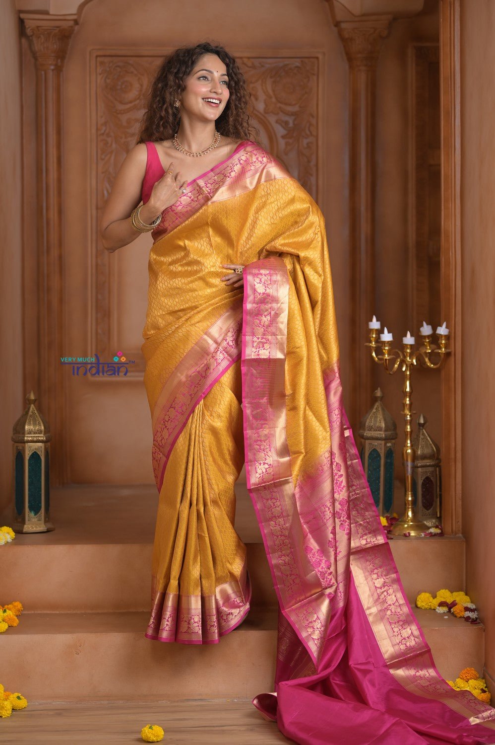 Shubh Lakshmi ~ Handloom High Quality Pure Soft Silk Saree in Yellow and Pink (Silk Mark Certified) - verymuchindian.com