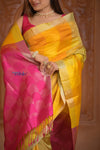 Shubh Lakshmi ~ Handloom High Quality Pure Soft Silk Saree in Yellow and Pink (Silk Mark Certified) - verymuchindian.com