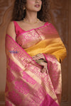 Shubh Lakshmi ~ Handloom High Quality Pure Soft Silk Saree in Yellow and Pink (Silk Mark Certified) - verymuchindian.com