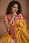 Shubh Lakshmi ~ Handloom High Quality Pure Soft Silk Saree in Yellow and Pink (Silk Mark Certified) - verymuchindian.com