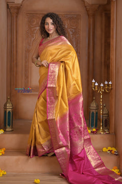 Shubh Lakshmi ~ Handloom High Quality Pure Soft Silk Saree in Yellow and Pink (Silk Mark Certified) - verymuchindian.com