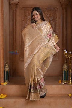 Shubh Lakshmi ~ Handloom High Quality Pure Soft Silk Tissue Saree in Gold (Silk Mark Certified) - verymuchindian.com