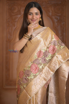 Shubh Lakshmi ~ Handloom High Quality Pure Soft Silk Tissue Saree in Gold (Silk Mark Certified) - verymuchindian.com