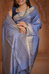 Shubh Lakshmi ~ Handloom High Quality Pure Soft Silk Tissue Saree in Lilac Blue (Silk Mark Certified) - verymuchindian.com