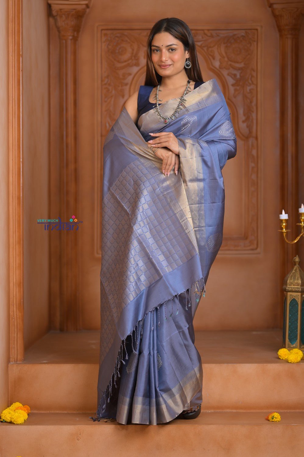 Shubh Lakshmi ~ Handloom High Quality Pure Soft Silk Tissue Saree in Lilac Blue (Silk Mark Certified) - verymuchindian.com
