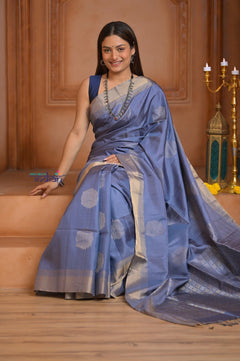 Shubh Lakshmi ~ Handloom High Quality Pure Soft Silk Tissue Saree in Lilac Blue (Silk Mark Certified) - verymuchindian.com