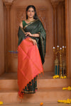 Shubh Lakshmi ~ Handloom High Quality Pure Soft Silk Tissue Saree in Royal Green and Red (Silk Mark Certified) - verymuchindian.com