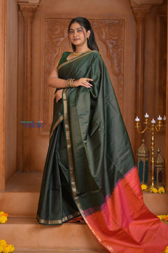 Shubh Lakshmi ~ Handloom High Quality Pure Soft Silk Tissue Saree in Royal Green and Red (Silk Mark Certified) - verymuchindian.com