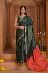 Shubh Lakshmi ~ Handloom High Quality Pure Soft Silk Tissue Saree in Royal Green and Red (Silk Mark Certified) - verymuchindian.com