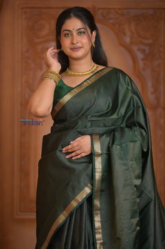 Shubh Lakshmi ~ Handloom High Quality Pure Soft Silk Tissue Saree in Royal Green and Red (Silk Mark Certified) - verymuchindian.com