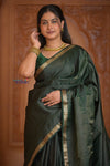 Shubh Lakshmi ~ Handloom High Quality Pure Soft Silk Tissue Saree in Royal Green and Red (Silk Mark Certified) - verymuchindian.com
