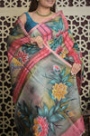 Shubh Lakshmi ~ Handloom Matka Tussar Silk Saree with Floral Handpaint in Peach Pink - verymuchindian.com