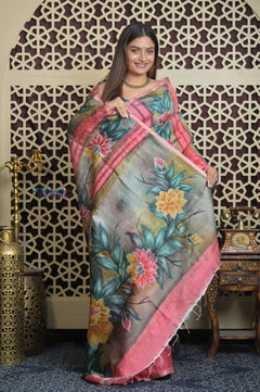 Shubh Lakshmi ~ Handloom Matka Tussar Silk Saree with Floral Handpaint in Peach Pink - verymuchindian.com
