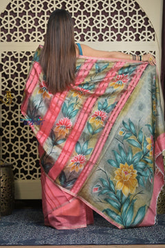 Shubh Lakshmi ~ Handloom Matka Tussar Silk Saree with Floral Handpaint in Peach Pink - verymuchindian.com
