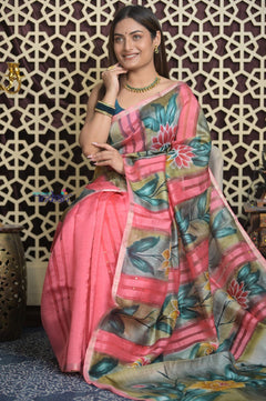 Shubh Lakshmi ~ Handloom Matka Tussar Silk Saree with Floral Handpaint in Peach Pink - verymuchindian.com