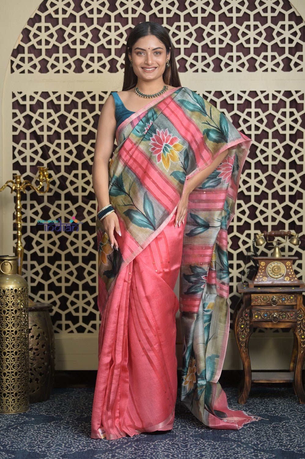 Shubh Lakshmi ~ Handloom Matka Tussar Silk Saree with Floral Handpaint in Peach Pink - verymuchindian.com