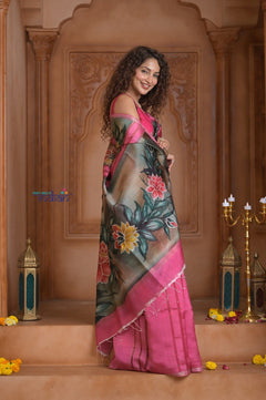 Shubh Lakshmi ~ Handloom Matka Tussar Silk Saree with Floral Handpaint in Pink - verymuchindian.com