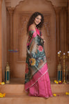 Shubh Lakshmi ~ Handloom Matka Tussar Silk Saree with Floral Handpaint in Pink - verymuchindian.com