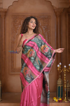 Shubh Lakshmi ~ Handloom Matka Tussar Silk Saree with Floral Handpaint in Pink - verymuchindian.com