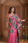 Shubh Lakshmi ~ Handloom Matka Tussar Silk Saree with Floral Handpaint in Pink - verymuchindian.com