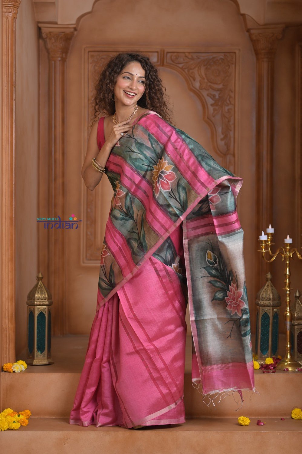 Shubh Lakshmi ~ Handloom Matka Tussar Silk Saree with Floral Handpaint in Pink - verymuchindian.com
