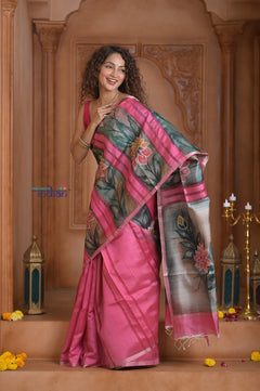 Shubh Lakshmi ~ Handloom Matka Tussar Silk Saree with Floral Handpaint in Pink - verymuchindian.com