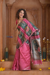 Shubh Lakshmi ~ Handloom Matka Tussar Silk Saree with Floral Handpaint in Pink - verymuchindian.com