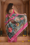 Shubh Lakshmi ~ Handloom Matka Tussar Silk Saree with Floral Handpaint in Pink - verymuchindian.com