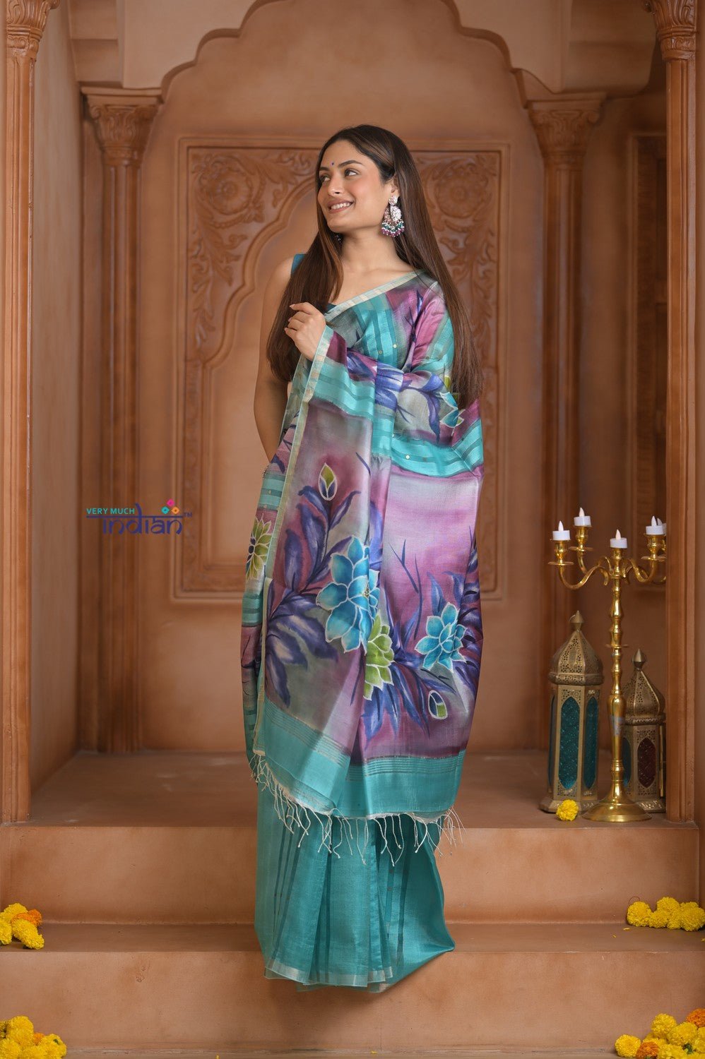 Shubh Lakshmi ~ Handloom Matka Tussar Silk Saree with Floral Handpaint in Sky Blue - verymuchindian.com