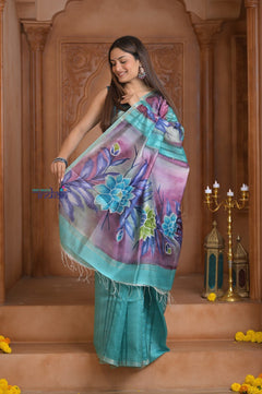 Shubh Lakshmi ~ Handloom Matka Tussar Silk Saree with Floral Handpaint in Sky Blue - verymuchindian.com