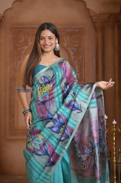 Shubh Lakshmi ~ Handloom Matka Tussar Silk Saree with Floral Handpaint in Sky Blue - verymuchindian.com