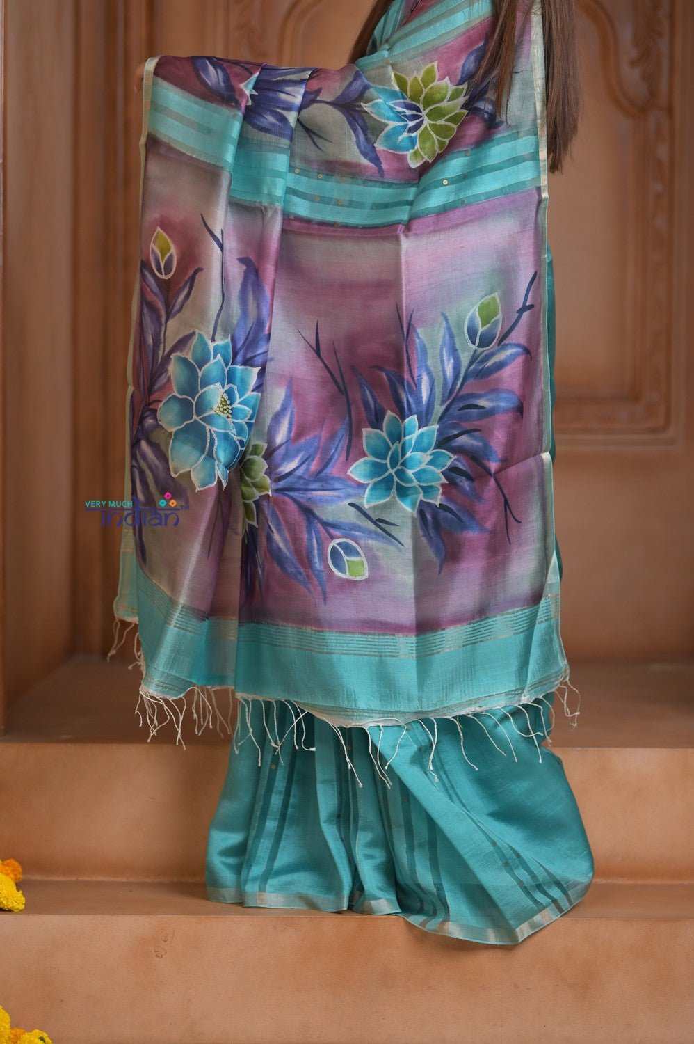 Shubh Lakshmi ~ Handloom Matka Tussar Silk Saree with Floral Handpaint in Sky Blue - verymuchindian.com