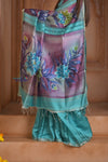 Shubh Lakshmi ~ Handloom Matka Tussar Silk Saree with Floral Handpaint in Sky Blue - verymuchindian.com