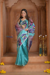 Shubh Lakshmi ~ Handloom Matka Tussar Silk Saree with Floral Handpaint in Sky Blue - verymuchindian.com