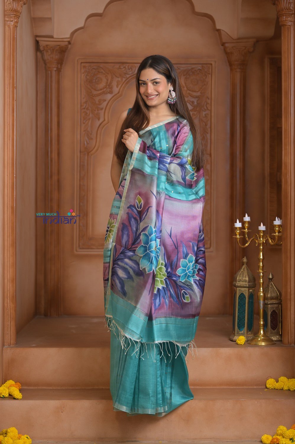 Shubh Lakshmi ~ Handloom Matka Tussar Silk Saree with Floral Handpaint in Sky Blue - verymuchindian.com