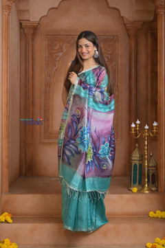Shubh Lakshmi ~ Handloom Matka Tussar Silk Saree with Floral Handpaint in Sky Blue - verymuchindian.com