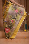 Shubh Lakshmi ~ Handloom Matka Tussar Silk Saree with Floral Handpaint in Yellow - verymuchindian.com