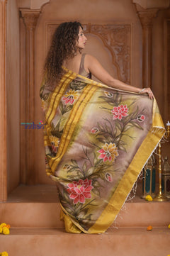 Shubh Lakshmi ~ Handloom Matka Tussar Silk Saree with Floral Handpaint in Yellow - verymuchindian.com