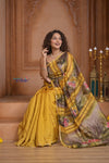 Shubh Lakshmi ~ Handloom Matka Tussar Silk Saree with Floral Handpaint in Yellow - verymuchindian.com