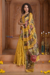 Shubh Lakshmi ~ Handloom Matka Tussar Silk Saree with Floral Handpaint in Yellow - verymuchindian.com