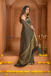 Shubh Lakshmi ~ Handloom Pure Mysore Silk Crepe Crushed Saree in Black and Gold (Silk Mark Certified) - verymuchindian.com