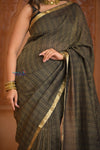 Shubh Lakshmi ~ Handloom Pure Mysore Silk Crepe Crushed Saree in Black and Gold (Silk Mark Certified) - verymuchindian.com