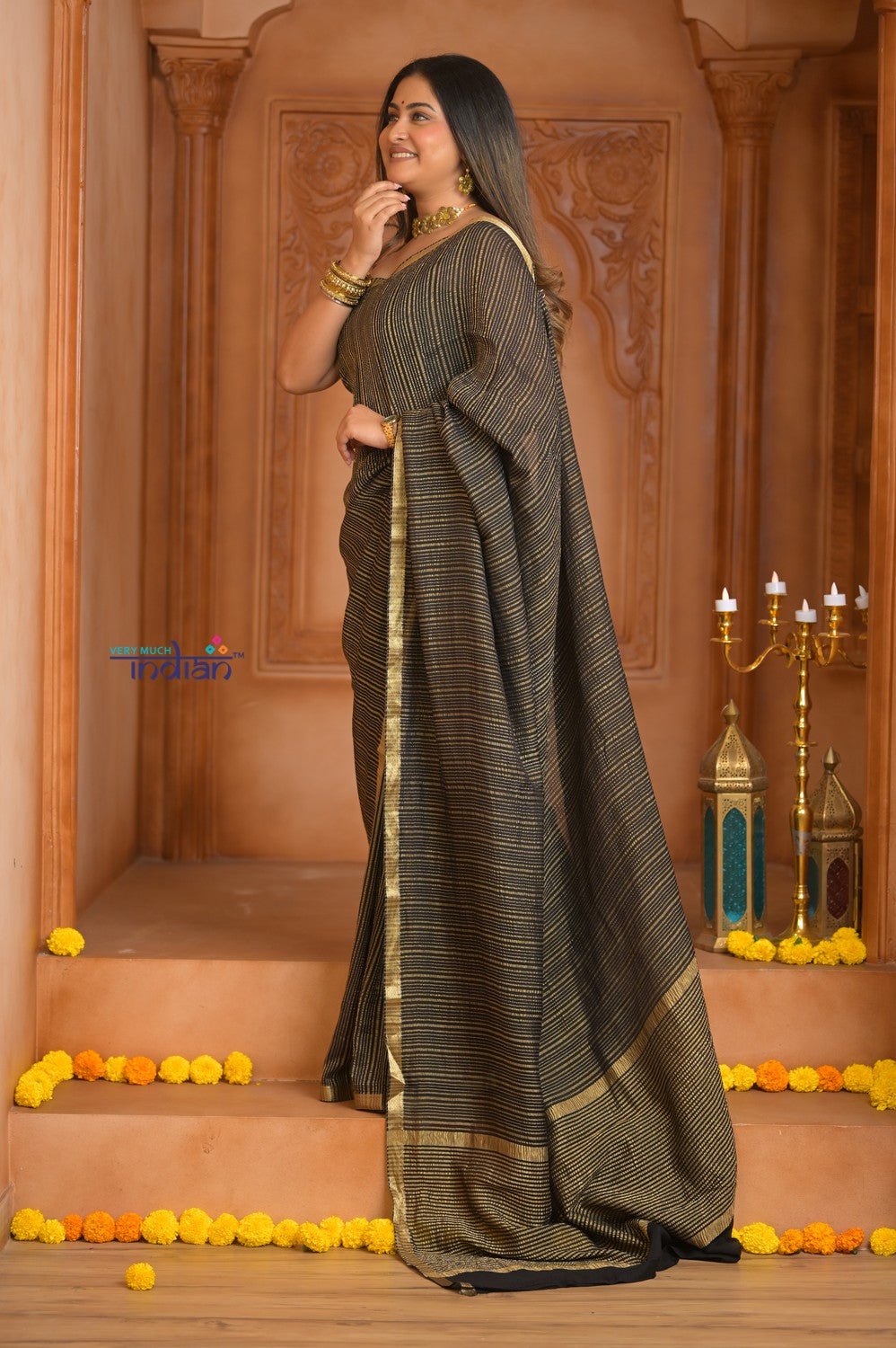 Shubh Lakshmi ~ Handloom Pure Mysore Silk Crepe Crushed Saree in Black and Gold (Silk Mark Certified) - verymuchindian.com
